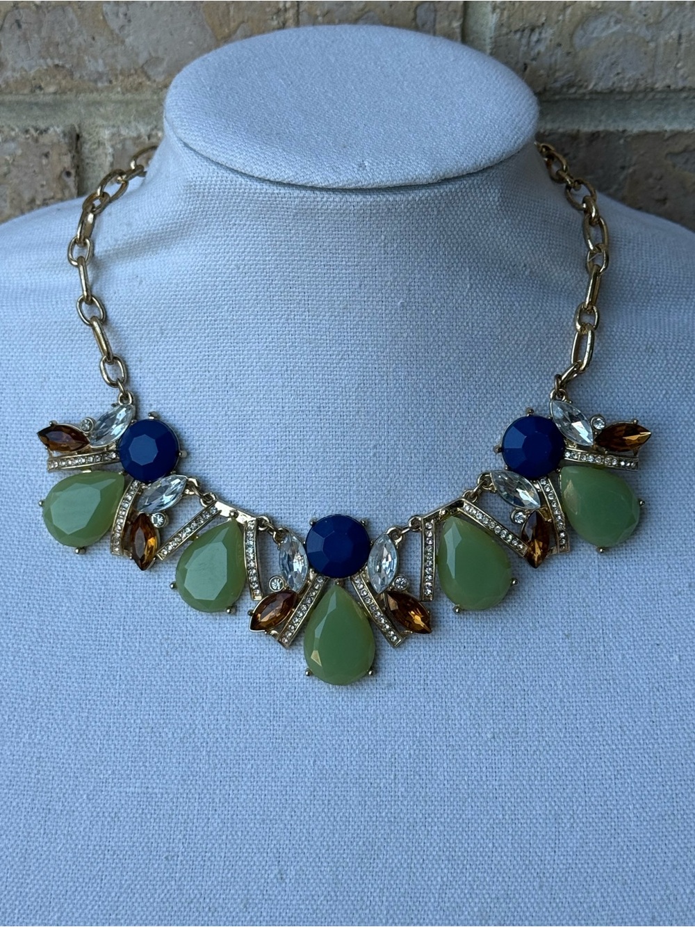 Statement Green and Blue Gem Bib Necklace - Gold Tone